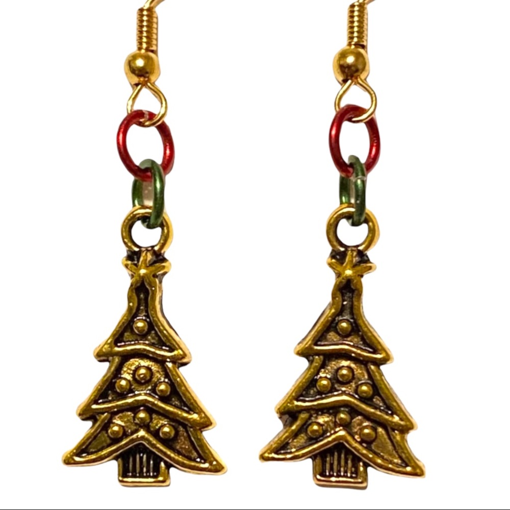 Hand Crafted Earrings Tree Gold Dangle Red Green Jewelry Christmas Xmas Pierced - Picture 2 of 5